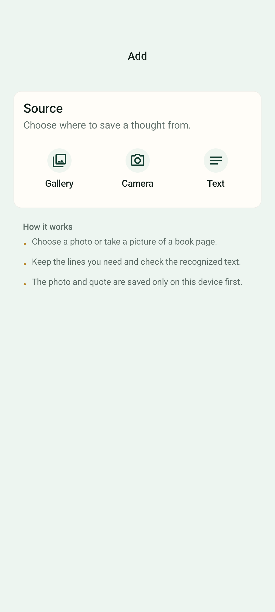 The Margent Android capture screen with gallery, camera, and text options