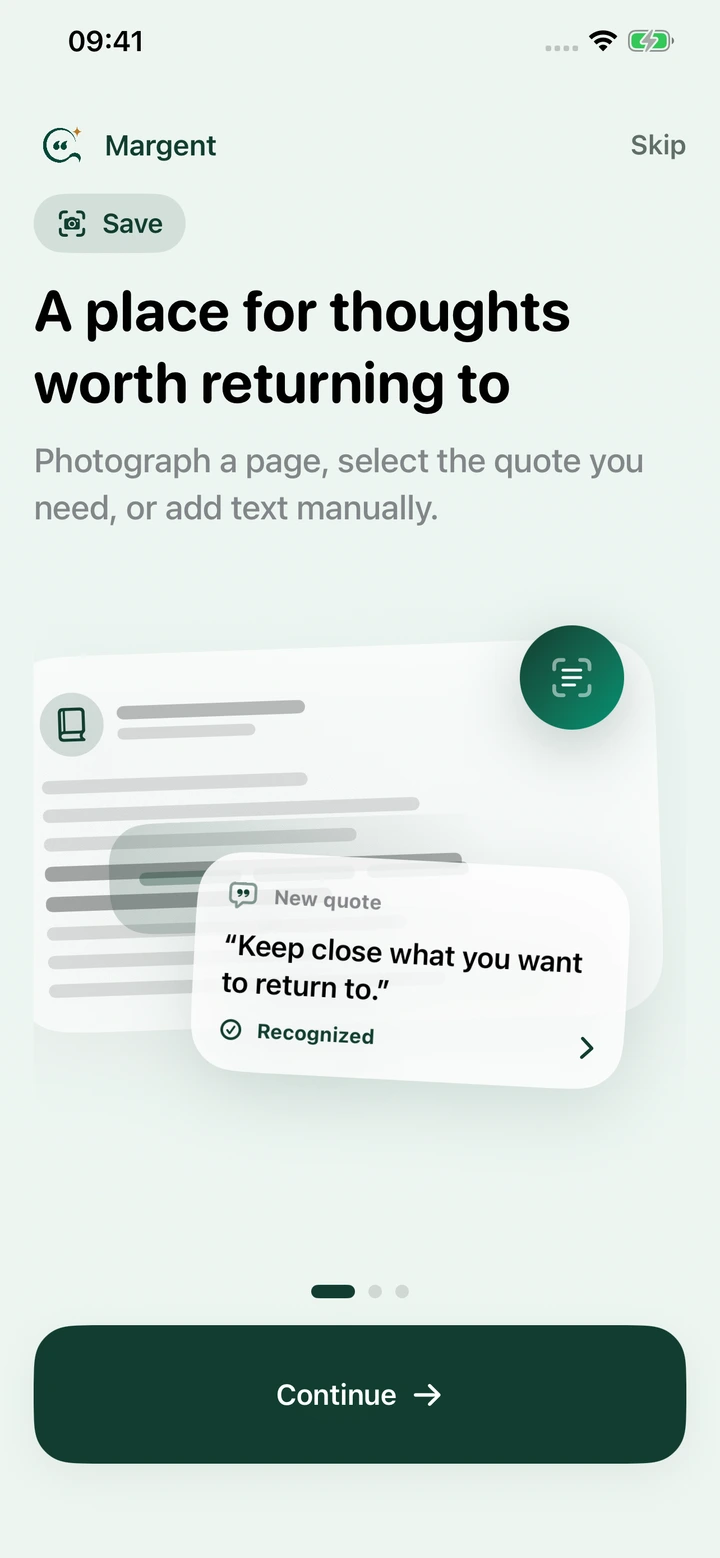 Margent onboarding: capture a quote from a book or add a thought